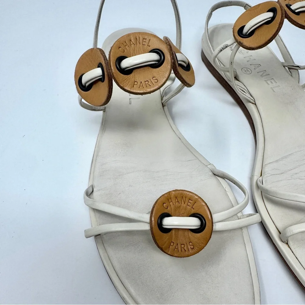 Chanel Flat Thong Sandals Cream with Brown Leather Medallions